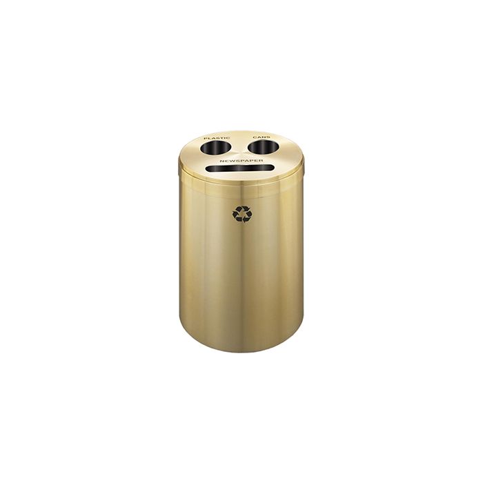 Glaro BCP20BE "RecyclePro 3" Receptacle with Paper Slot and Two Round Openings - 33 Gallon Capacity - 20" Dia. x 31" H - Satin Brass