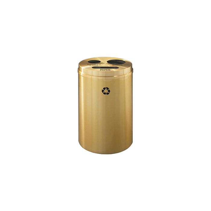 Glaro BPW20BE "RecyclePro 3" Receptacle with Paper Slot and Two Round Openings - 33 Gallon Capacity - 20" Dia. x 31" H - Satin Brass