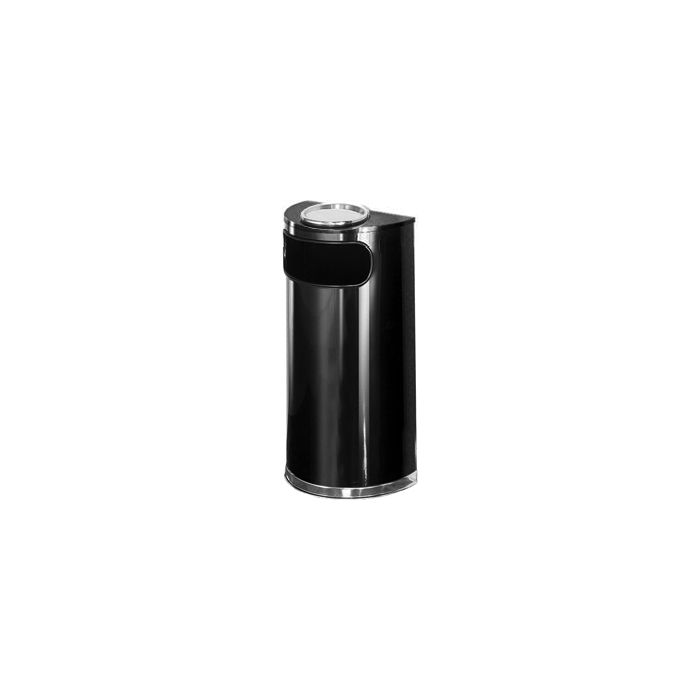 Rubbermaid / United Receptacle SO8SU-20B European Designer Line Half Round Ash/Trash Receptacle - Black with Mirror Chrome - 9 Gallon Capacity - 18" W x 32" H x 9" D - Disposal Opening is 15" W x 5" H